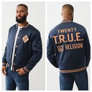 NWT True‎ Religion Satin Embroidered Bomber Jacket Navy Men’s Size Small $199